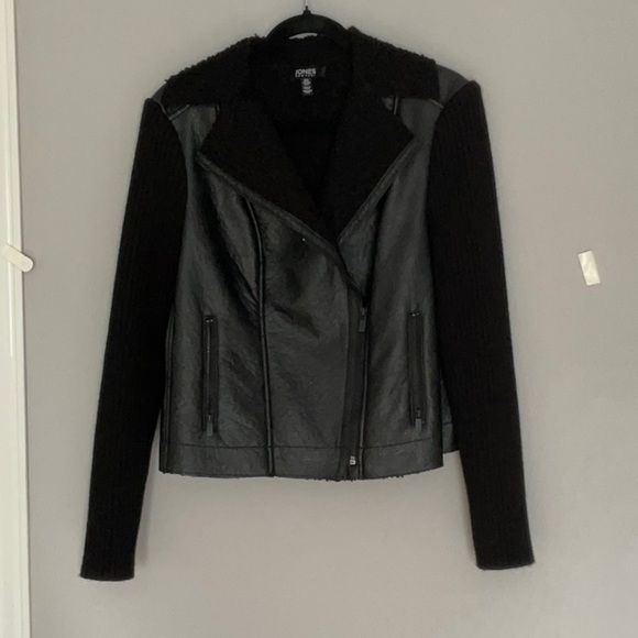 Black sweater-sleeve & pleather moto jacket by Jones New York, size medium. - Picture 1 of 3